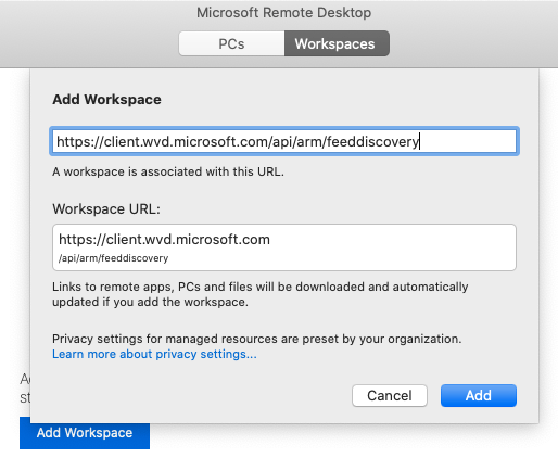 Add Workspace dialog box