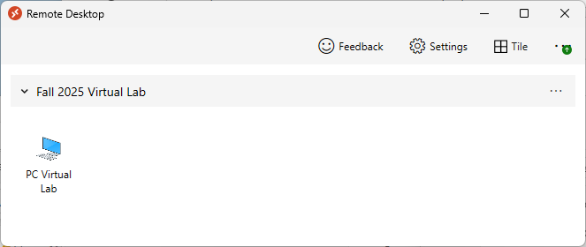 Screenshot of the Remote Desktop app showing the PC Virtual Lab.